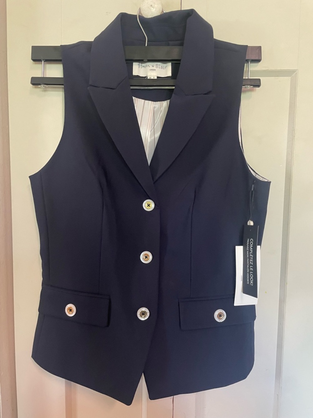 HAVER & BLAIR Navy Sleeveless Tailored Vest with Contrast Buttons .